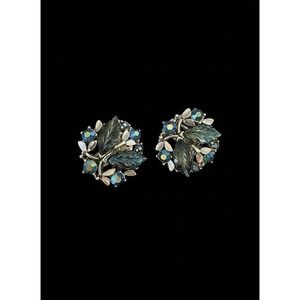 Vintage Silver Tone Blue AB Rhinestone Berry Flower clip earrings